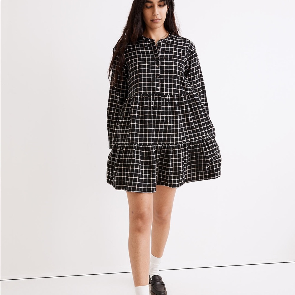 NWT Madewell Flannel Button-Placketed Tiered Mini Dress in Windowpane